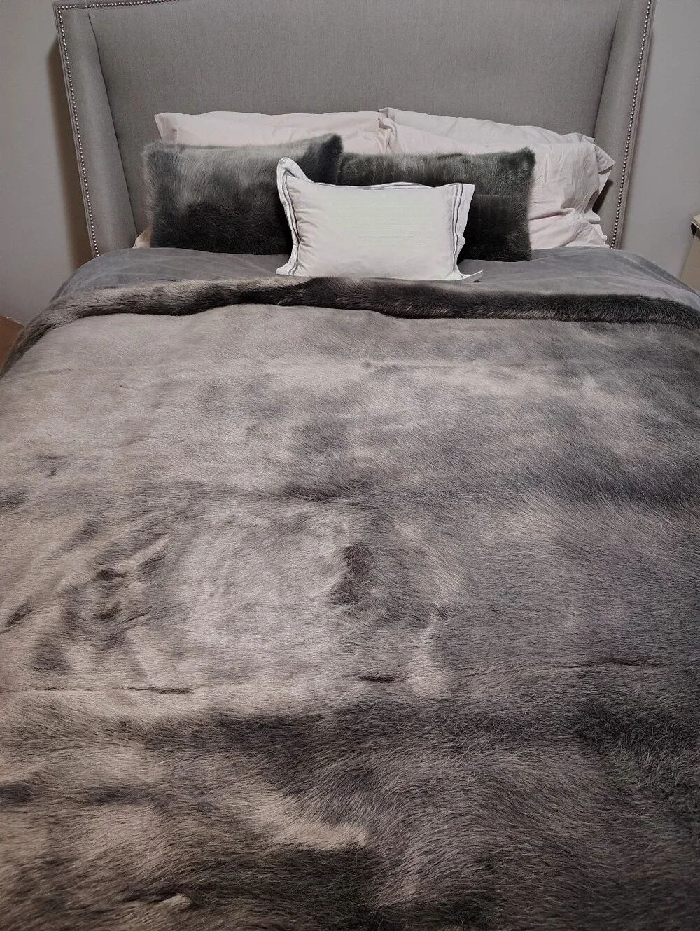 Luxury Faux Fur Bedspread in Charcoal Gray - BRAND-Restorational Hardware.